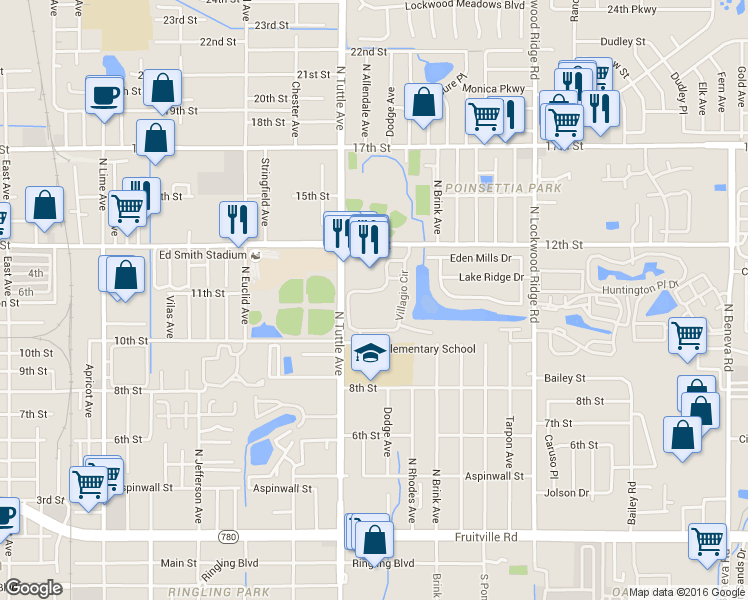 map of restaurants, bars, coffee shops, grocery stores, and more near 1155 Villagio Circle in Sarasota