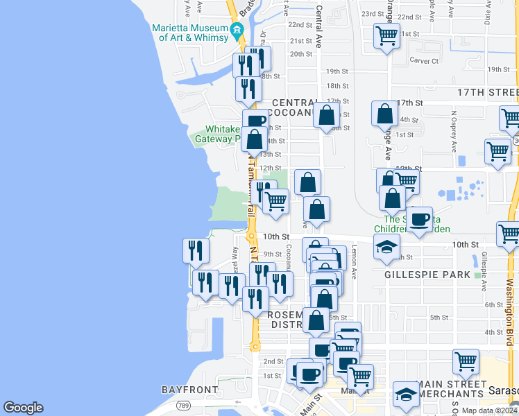 map of restaurants, bars, coffee shops, grocery stores, and more near 1064 North Tamiami Trail in Sarasota