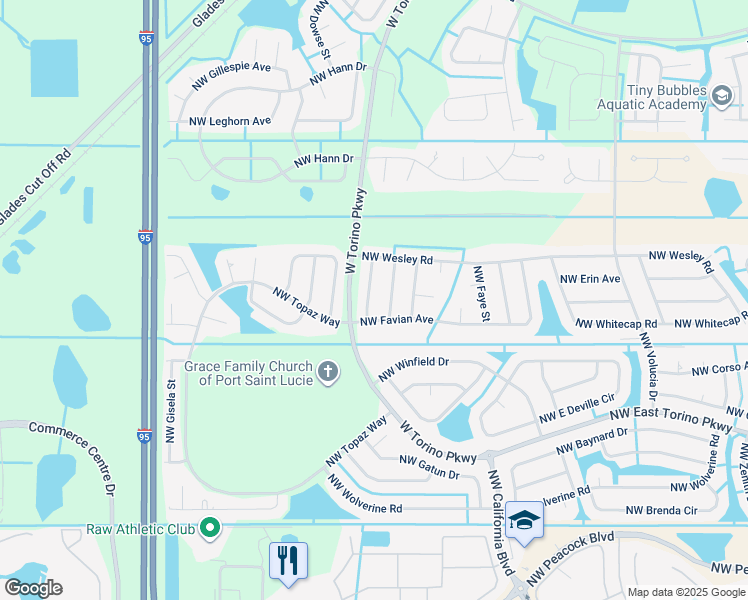 map of restaurants, bars, coffee shops, grocery stores, and more near 6455 Northwest Foxglove Street in Port St. Lucie