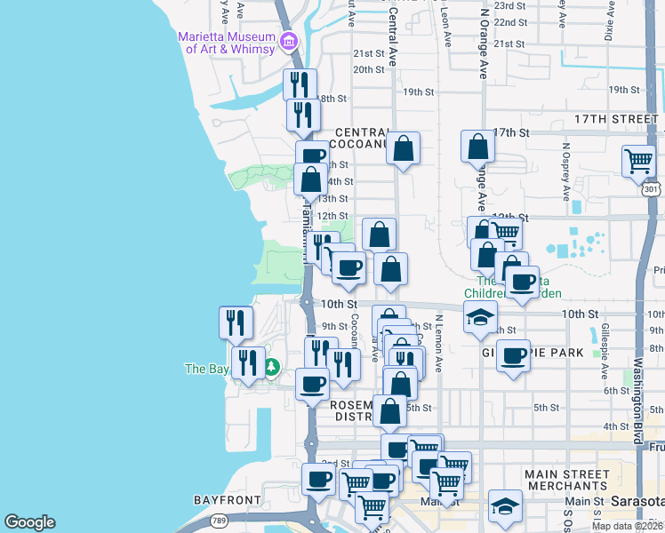 map of restaurants, bars, coffee shops, grocery stores, and more near 1064 North Tamiami Trail in Sarasota