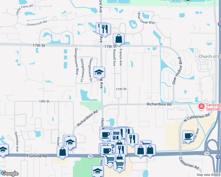 map of restaurants, bars, coffee shops, grocery stores, and more near 1081 Whitegate Court in Sarasota