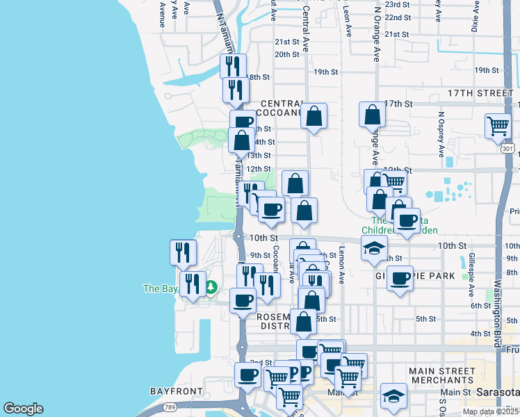 map of restaurants, bars, coffee shops, grocery stores, and more near 1268 11th Street in Sarasota