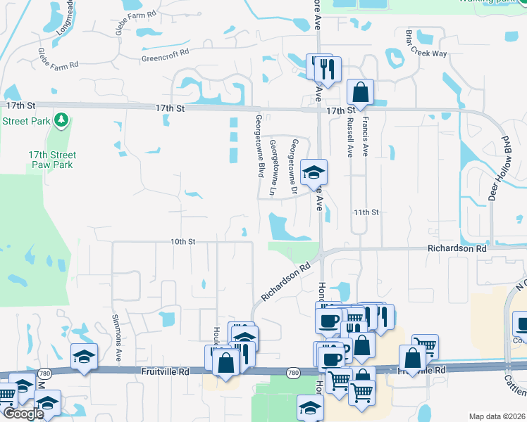 map of restaurants, bars, coffee shops, grocery stores, and more near 1629 Georgetowne Boulevard in Sarasota