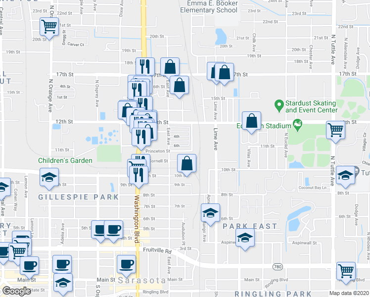 map of restaurants, bars, coffee shops, grocery stores, and more near 2175 Princeton Street in Sarasota