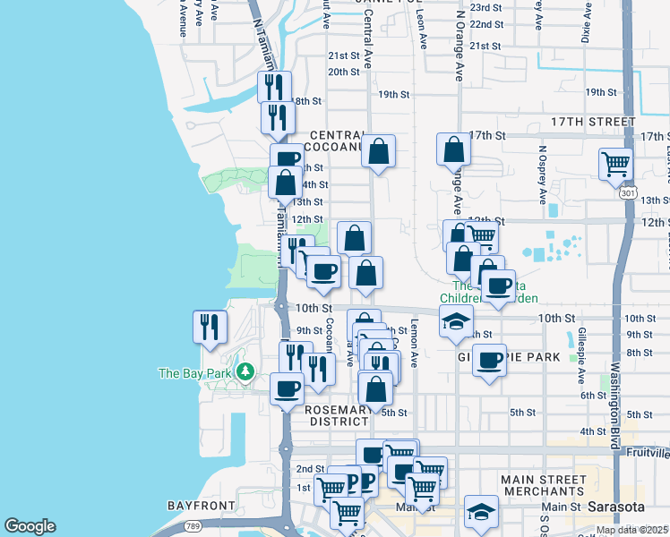map of restaurants, bars, coffee shops, grocery stores, and more near 1268 11th Street in Sarasota