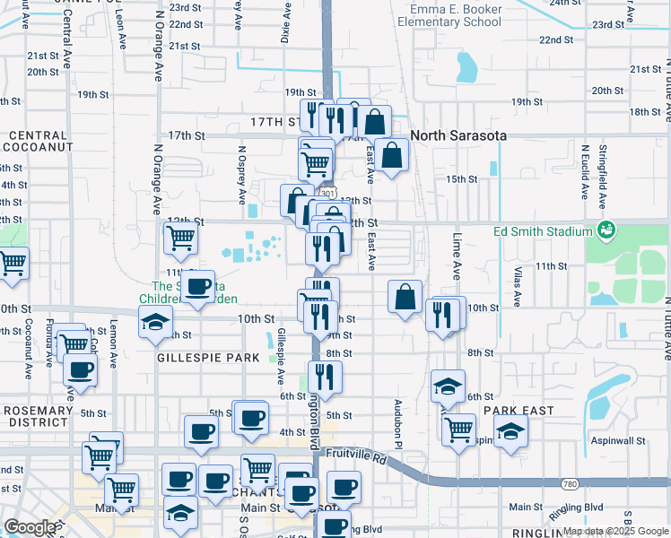 map of restaurants, bars, coffee shops, grocery stores, and more near 2001 Princeton St in Sarasota