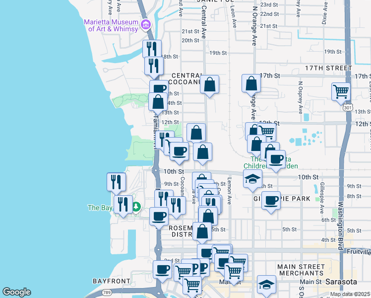 map of restaurants, bars, coffee shops, grocery stores, and more near 1268 11th Street in Sarasota