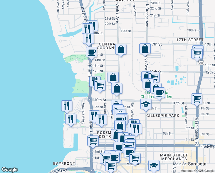 map of restaurants, bars, coffee shops, grocery stores, and more near 1268 11th Street in Sarasota