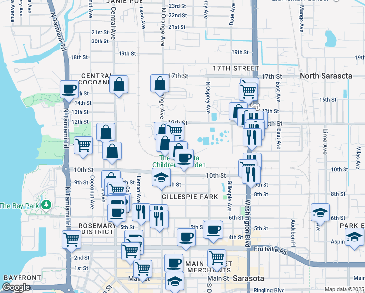 map of restaurants, bars, coffee shops, grocery stores, and more near 1649 11th Street in Sarasota