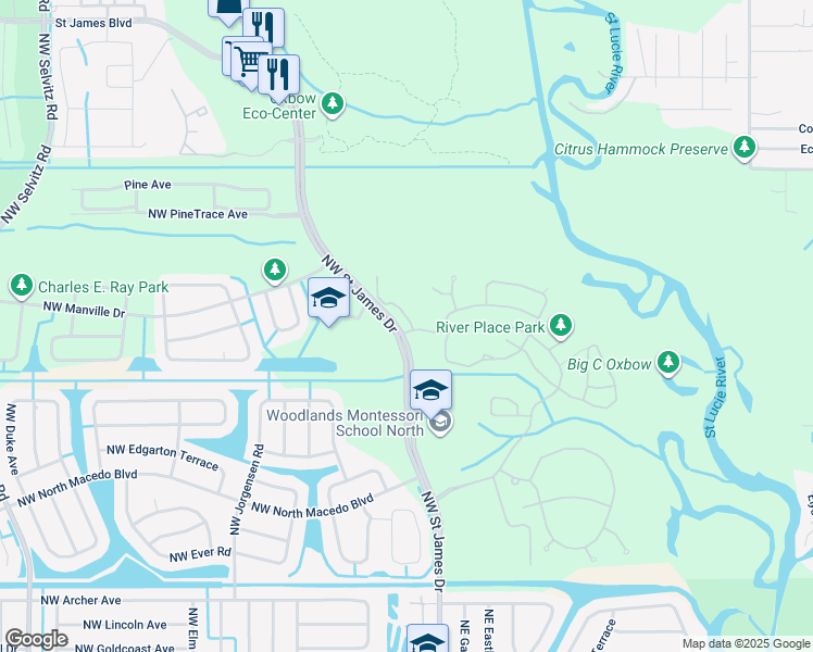 map of restaurants, bars, coffee shops, grocery stores, and more near 607 Northeast Bent Paddle Lane in Port St. Lucie