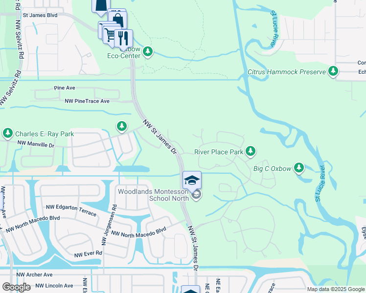 map of restaurants, bars, coffee shops, grocery stores, and more near 607 Northeast Bent Paddle Lane in Port St. Lucie