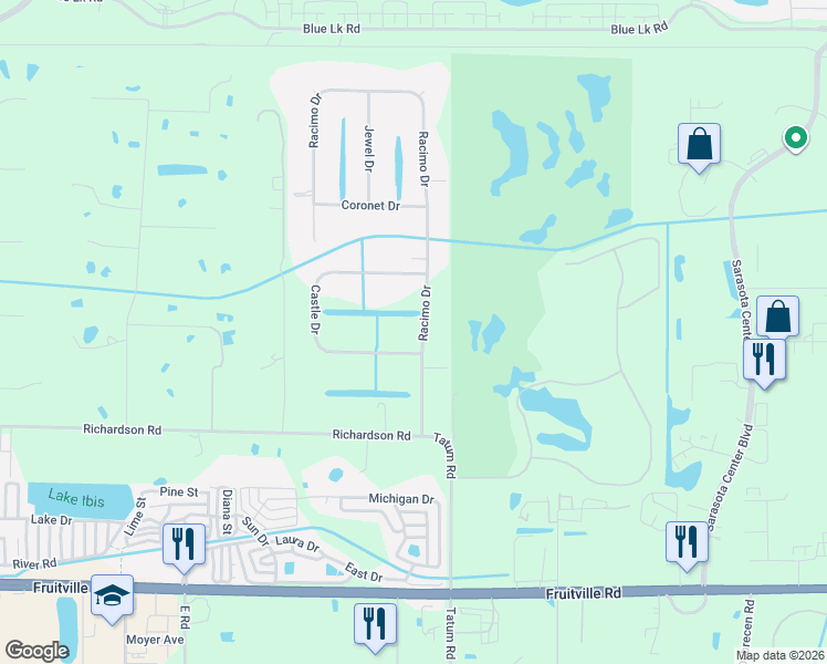 map of restaurants, bars, coffee shops, grocery stores, and more near 1153 Racimo Drive in Sarasota