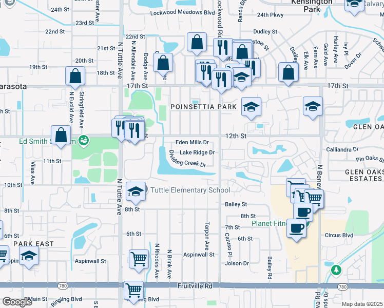 map of restaurants, bars, coffee shops, grocery stores, and more near 3140 Eden Mills Drive in Sarasota
