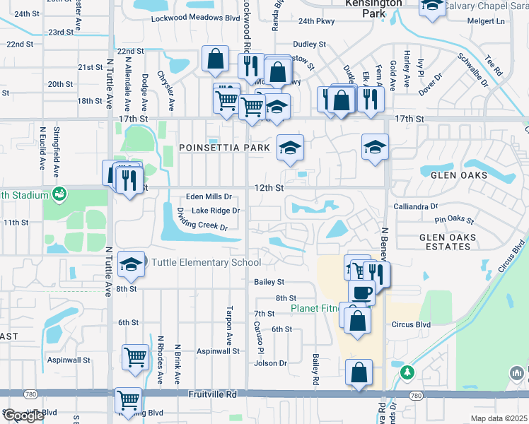 map of restaurants, bars, coffee shops, grocery stores, and more near 1000 North Lockwood Ridge Road in Sarasota