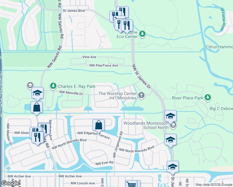 map of restaurants, bars, coffee shops, grocery stores, and more near 4918 Northwest Flintstone Avenue in Port St. Lucie