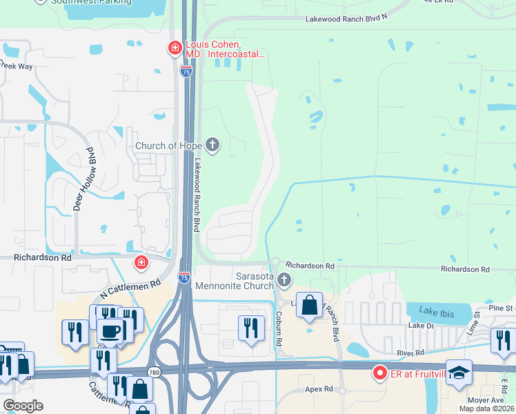 map of restaurants, bars, coffee shops, grocery stores, and more near 2339 Midnight Pearl Drive in Sarasota