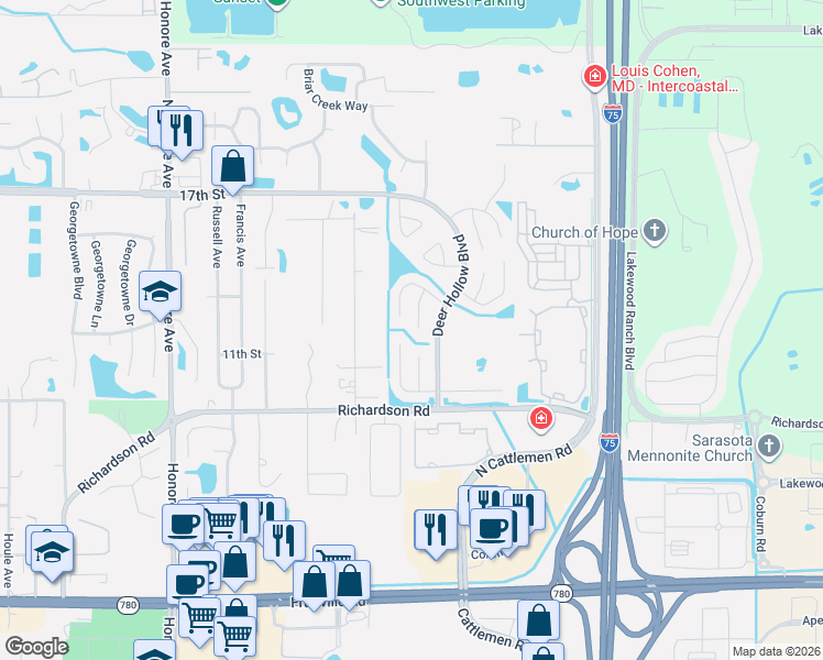 map of restaurants, bars, coffee shops, grocery stores, and more near 5717 Deer Hollow Trail in Sarasota