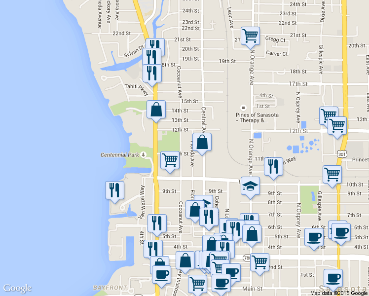 map of restaurants, bars, coffee shops, grocery stores, and more near in Sarasota