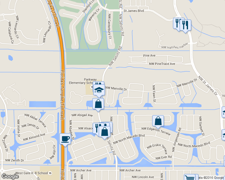 map of restaurants, bars, coffee shops, grocery stores, and more near 6503 Northwest Chugwater Circle in Port St. Lucie