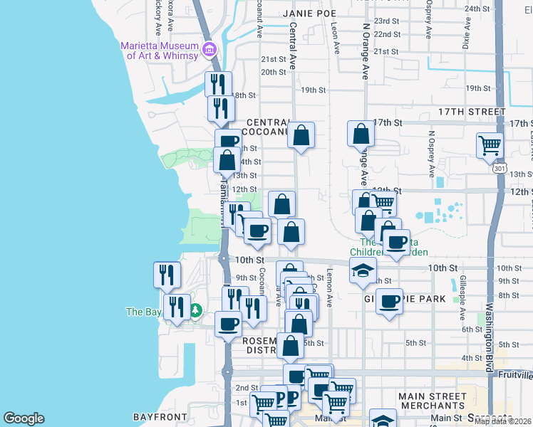 map of restaurants, bars, coffee shops, grocery stores, and more near in Sarasota