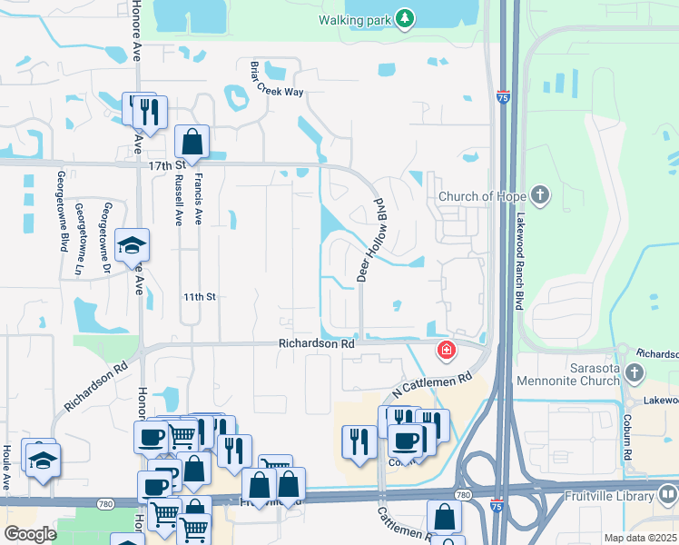 map of restaurants, bars, coffee shops, grocery stores, and more near 5717 Deer Hollow Trail in Sarasota