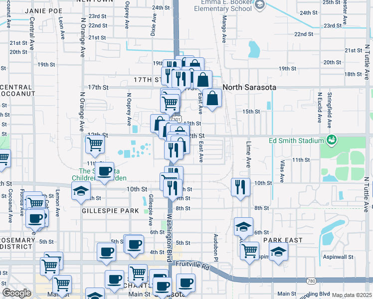 map of restaurants, bars, coffee shops, grocery stores, and more near 1184 North Washington Boulevard in Sarasota