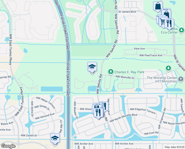 map of restaurants, bars, coffee shops, grocery stores, and more near 7900 Northwest Selvitz Road in Port St. Lucie