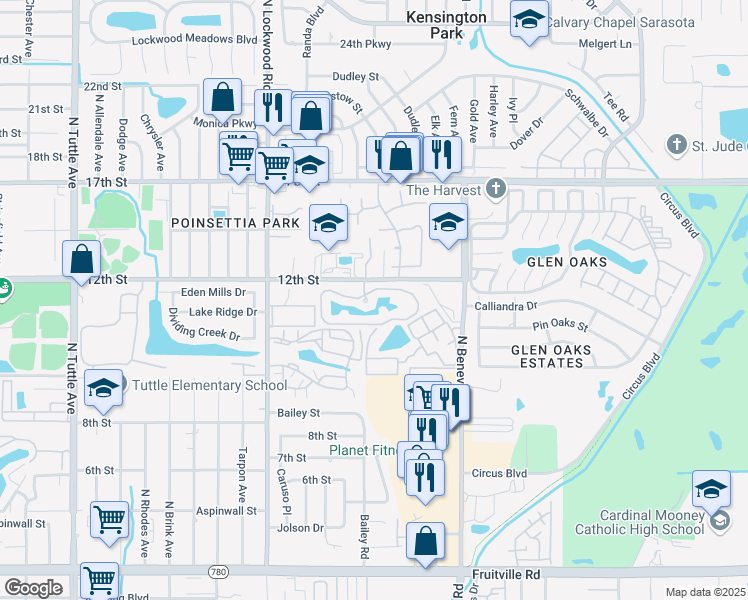 map of restaurants, bars, coffee shops, grocery stores, and more near 3745 Huntington Place Drive in Sarasota