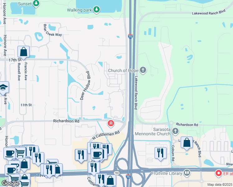 map of restaurants, bars, coffee shops, grocery stores, and more near 1032 Marlin Lakes Circle in Sarasota