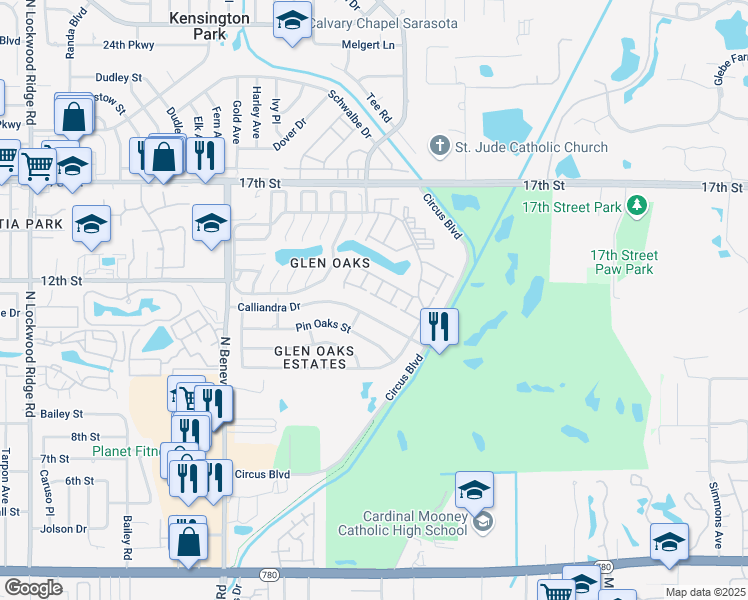map of restaurants, bars, coffee shops, grocery stores, and more near 3928 Ashwood Lane in Sarasota