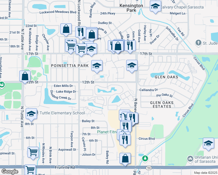 map of restaurants, bars, coffee shops, grocery stores, and more near 3745 Huntington Place Drive in Sarasota