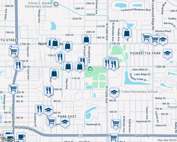 map of restaurants, bars, coffee shops, grocery stores, and more near 1102-1198 N Euclid Ave in Sarasota
