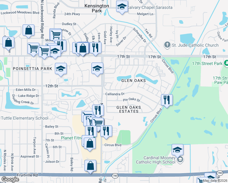 map of restaurants, bars, coffee shops, grocery stores, and more near 3655 Calliandra Drive in Sarasota