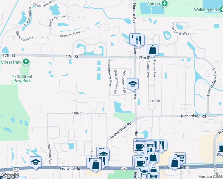 map of restaurants, bars, coffee shops, grocery stores, and more near 1510 Georgetowne Lane in Sarasota