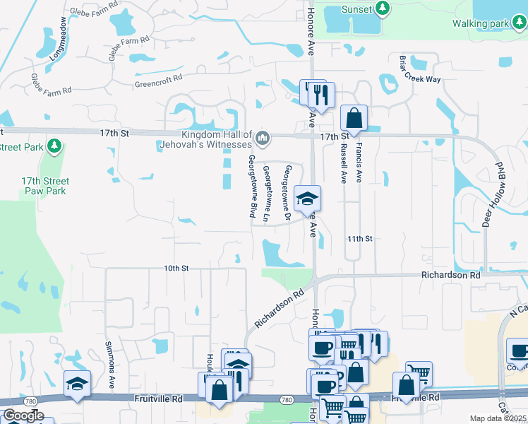 map of restaurants, bars, coffee shops, grocery stores, and more near 1510 Georgetowne Lane in Sarasota