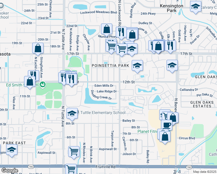 map of restaurants, bars, coffee shops, grocery stores, and more near 3140 Eden Mills Drive in Sarasota