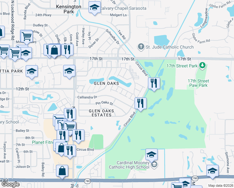 map of restaurants, bars, coffee shops, grocery stores, and more near 3928 Ashwood Lane in Sarasota