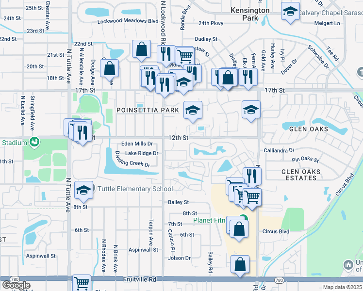 map of restaurants, bars, coffee shops, grocery stores, and more near 3250 12th Street in Sarasota