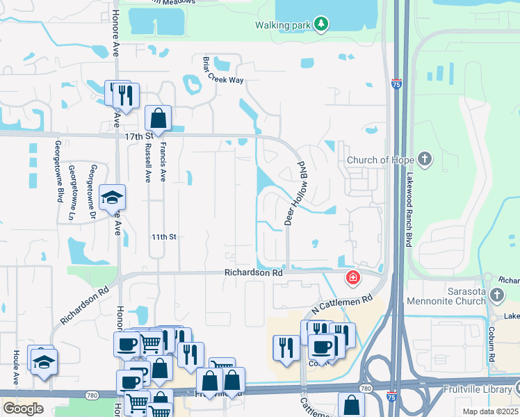 map of restaurants, bars, coffee shops, grocery stores, and more near 5717 Deer Hollow Trail in Sarasota