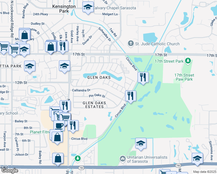 map of restaurants, bars, coffee shops, grocery stores, and more near 3928 Ashwood Lane in Sarasota