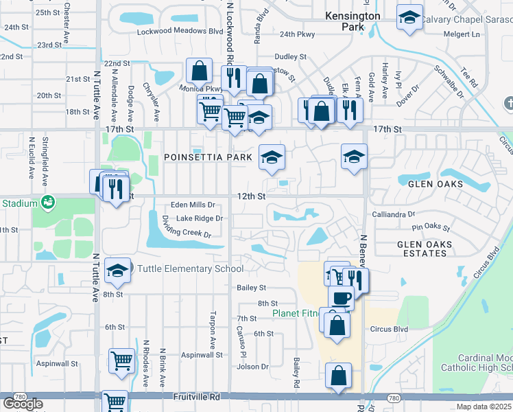 map of restaurants, bars, coffee shops, grocery stores, and more near 3250 12th Street in Sarasota
