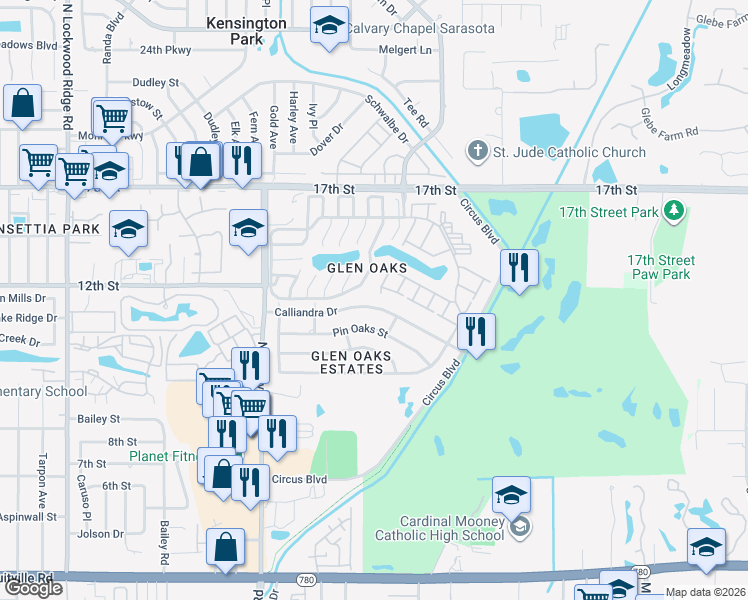 map of restaurants, bars, coffee shops, grocery stores, and more near 3821 Calliandra Drive in Sarasota