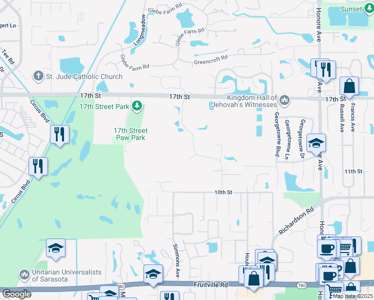 map of restaurants, bars, coffee shops, grocery stores, and more near 4620 17th Street in Sarasota