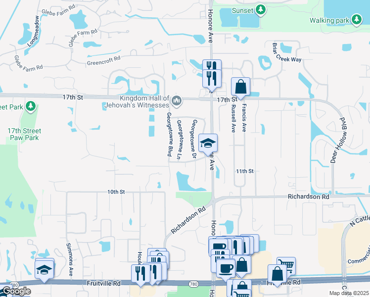 map of restaurants, bars, coffee shops, grocery stores, and more near 1510 Georgetowne Lane in Sarasota