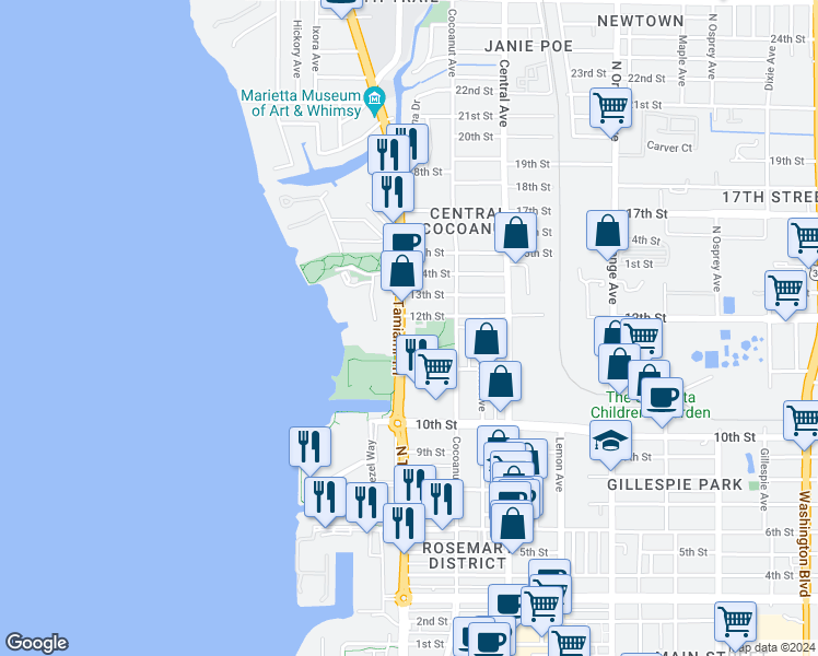 map of restaurants, bars, coffee shops, grocery stores, and more near 1188 North Tamiami Trail in Sarasota
