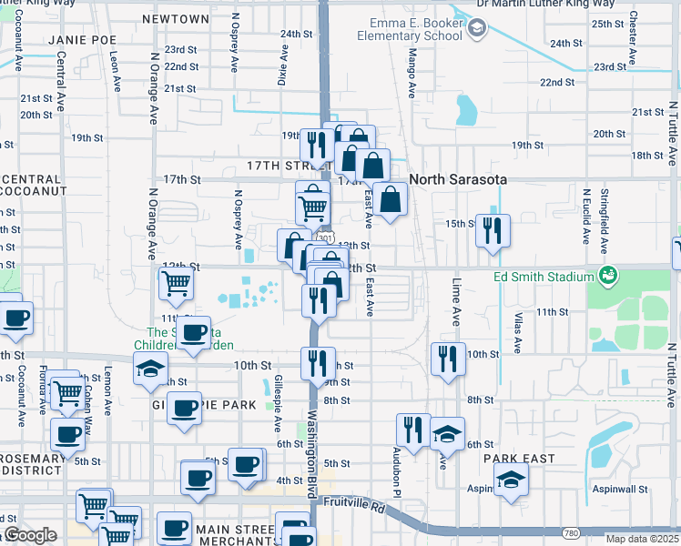 map of restaurants, bars, coffee shops, grocery stores, and more near 1184 North Washington Boulevard in Sarasota