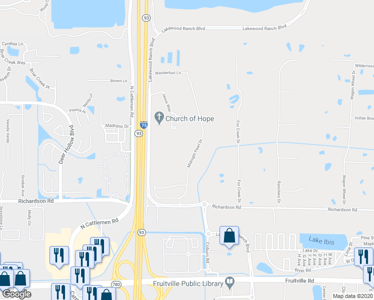 map of restaurants, bars, coffee shops, grocery stores, and more near 2391 Midnight Pearl Drive in Sarasota