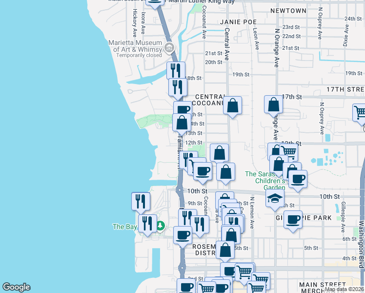 map of restaurants, bars, coffee shops, grocery stores, and more near 1188 North Tamiami Trail in Sarasota