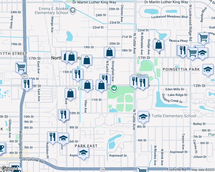 map of restaurants, bars, coffee shops, grocery stores, and more near 1198 North Euclid Avenue in Sarasota