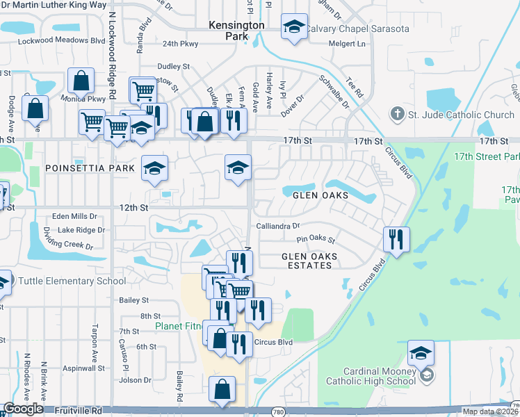 map of restaurants, bars, coffee shops, grocery stores, and more near 3601 Calliandra Drive in Sarasota
